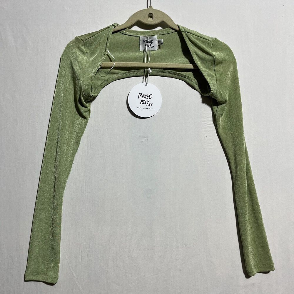 Princess Polly Malaya Cropped Top Women's 0 Green Stretch Long Sleeve Open Front
